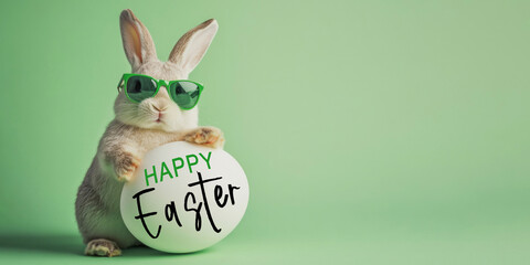 Wall Mural - happy easter concept holiday greeting card with text - cool easter bunny with sunglasses and easter 