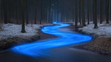 Poster - Blue stream flows through snowy winter forest at night