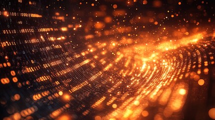 An abstract landscape filled with binary code and glowing data streams, representing the digital world and its complexities  