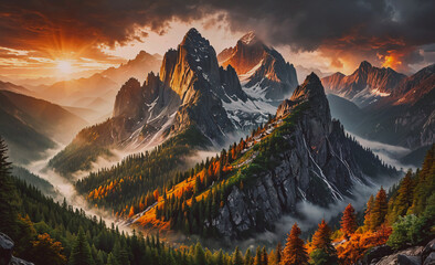 Poster - A mountain range with a sun shining on it. The sun is in the sky and the mountains are covered in snow
