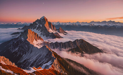 Fototapete - A mountain range with a beautiful orange and pink sky in the background. The mountains are covered in snow and the clouds are white