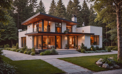 Poster - A large house with a large yard and a walkway. The house is surrounded by trees and has a modern design