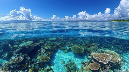 Wall Mural - Half sea, half reef with blue skies and puffy clouds.