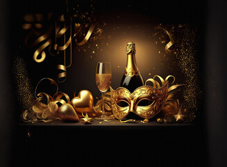 Aufkleber - A glamorous, golden celebration scene featuring champagne, masquerade masks, and shimmering confetti.  Perfect for a luxurious New Year's Eve or carnival event.