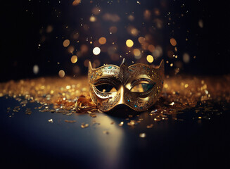Aufkleber - A golden masquerade mask rests on a bed of shimmering gold glitter against a dark background, illuminated by sparkling lights.  Mysterious and elegant.