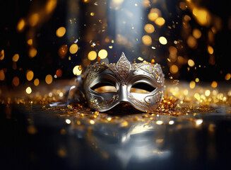 Aufkleber - Elegant silver masquerade mask rests on golden glitter, bathed in warm light.  Sparkling bokeh creates a festive atmosphere.