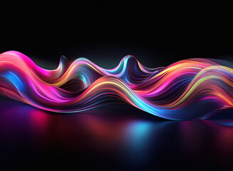 Fototapete - Abstract image of vibrant, flowing neon ribbons in pink, blue, and orange hues, undulating across a dark reflective surface.  The colors blend and swirl creating a dynamic, energetic composition.