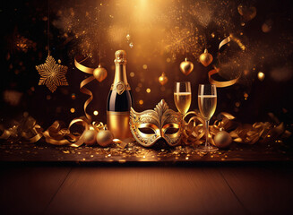 Aufkleber - Golden champagne bottle, two flutes, and a masquerade mask amidst shimmering confetti and ornaments.  A celebratory, luxurious scene perfect for New Year's Eve or a special event.