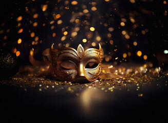 Aufkleber - Elegant gold masquerade mask rests on golden confetti against a dark background with sparkling bokeh lights.  A sense of mystery and celebration.