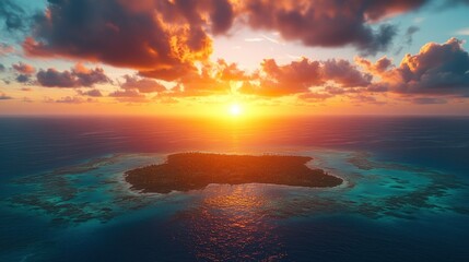 Wall Mural - Island sunset aerial view, colorful sky.