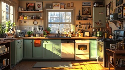 Wall Mural - An intimate home-cooked meal being prepared in a cozy kitchen, highlighting fresh ingredients and the joy of cooking with loved ones 