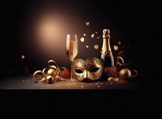 Aufkleber - Elegant golden mask, champagne bottle, and flute rest on a dark surface amidst shimmering confetti and ribbons.  A festive, luxurious scene perfect for a celebration.