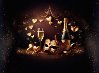 Aufkleber - Elegant golden masquerade scene.  Champagne bottle, flute, mask and hearts create a luxurious, festive atmosphere perfect for a romantic celebration.  Sparkling background adds to the enchanting mood.