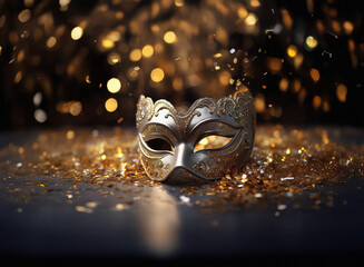 Aufkleber - Elegant silver masquerade mask rests on gold confetti, illuminated by warm bokeh lights.  A celebratory, mysterious scene.