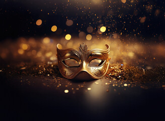 Aufkleber - Elegant gold masquerade mask rests on a dark surface, surrounded by shimmering golden confetti and bokeh lights.  A sense of mystery and celebration.