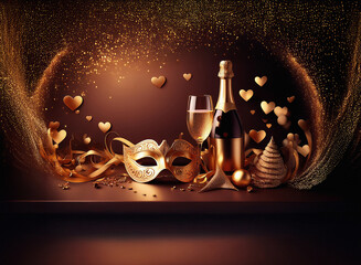 Aufkleber - Golden masquerade celebration scene.  Champagne bottle, mask, hearts, and shimmering details evoke elegance and festivity. Perfect for a luxurious event.