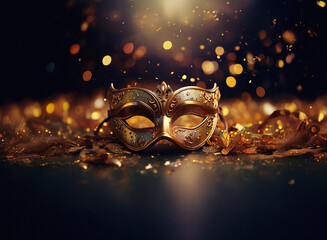 Aufkleber - A golden masquerade mask rests on a dark surface, surrounded by shimmering gold confetti and bokeh lights.  The scene evokes mystery and elegance.