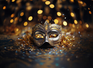 Aufkleber - Elegant silver masquerade mask rests on gold confetti,  a bokeh of warm lights blurring the background.  Mystery and celebration intertwine.