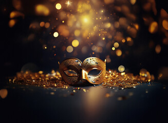 Aufkleber - A golden masquerade mask rests on a bed of shimmering gold confetti, bathed in warm, celebratory light.  The bokeh effect creates a festive atmosphere.