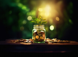 Poster - A small plant sprouts from a glass jar filled with coins, symbolizing growth and financial prosperity.  Sunlight shines from behind, creating a warm, hopeful atmosphere.