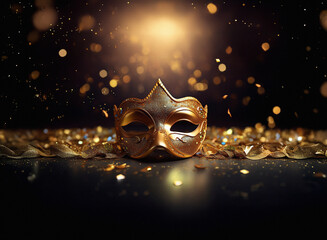 Aufkleber - A golden masquerade mask rests on a dark surface amidst glittering confetti, illuminated by a warm light.  The scene evokes mystery and celebration.