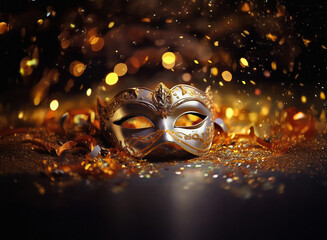 Aufkleber - Elegant silver masquerade mask rests amidst shimmering gold confetti and bokeh lights, creating a festive, mysterious ambiance.