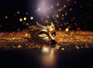 Aufkleber - An ornate gold masquerade mask rests on a bed of glittering gold dust, illuminated by a soft light.  The scene evokes mystery and celebration.