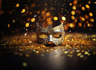 Aufkleber - Elegant silver and gold masquerade mask rests on a dark surface, surrounded by shimmering confetti and warm, blurry lights.  A festive, mysterious scene.