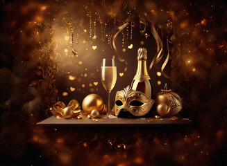 Aufkleber - A celebratory scene with gold accents.  A champagne bottle and flute sit beside a masquerade mask and ornaments, amidst falling confetti.  The background is a warm, dark gold.