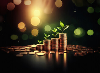 Poster - Stacks of coins with growing plants symbolize financial growth and investment success.  The image conveys prosperity and wealth building.