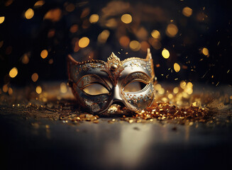 Aufkleber - Elegant silver masquerade mask rests amidst golden confetti and sparkling bokeh lights, creating a mysterious and festive atmosphere.