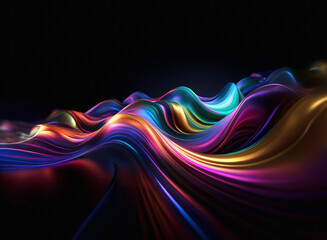 Poster - Fluid, iridescent waves flow across a dark background, creating a mesmerizing, abstract landscape of vibrant color and light.  The smooth, gleaming texture suggests a luxurious, almost ethereal qualit