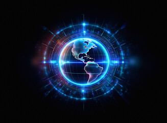 Fototapete - A glowing blue digital Earth is centered in a circular, technological frame.  Surrounding it are vibrant energy pulses, suggesting global connectivity and futuristic technology.