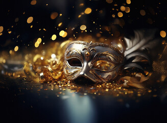 Aufkleber - Elegant silver masquerade mask rests amidst a shower of golden glitter, creating a dramatic and luxurious scene.  The dark background enhances the mask's beauty.