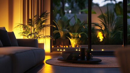 Wall Mural - Cozy living room with warm lighting, showcasing a modern interior and lush greenery.