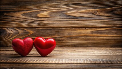 Wall Mural - Warm and intimate setting with two red hearts on a wooden background, sweet, table,  sweet, table, lovebirds, bouquet, red