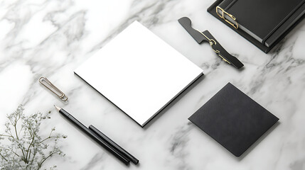 Wall Mural - White Blank Notebook Mockup on Marble Desk with Black and Gold A