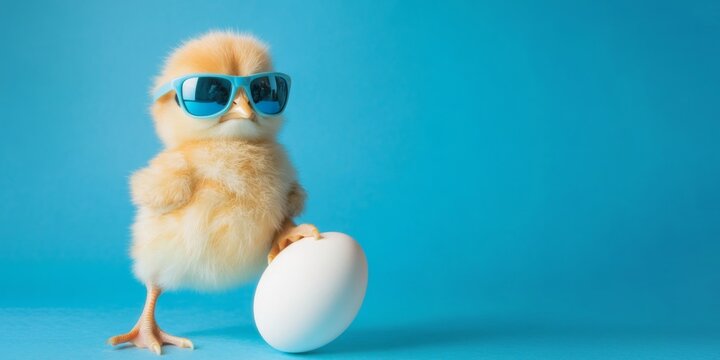 happy easter concept holiday greeting card - cool cute chick with sunglasses and easter egg, isolate