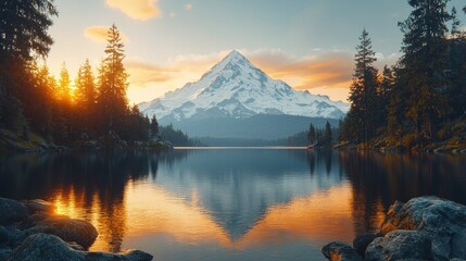 Wall Mural - Majestic mountain reflecting in calm lake at sunset.