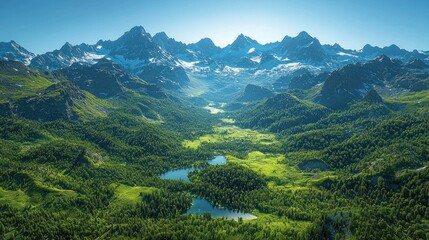 Wall Mural - Majestic mountain range with lush green valley and lakes.