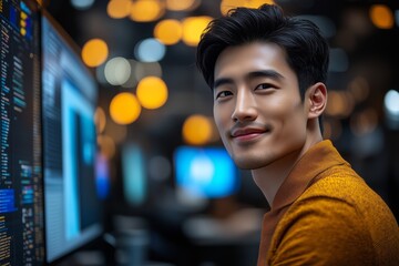 portrait of a smiling asian male software engineer working on computer code in office at night
