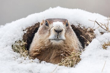 Poster - A groundhog looks out from its snowy burrow, winter scene