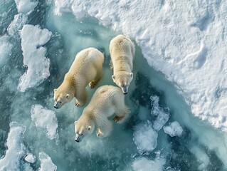 Wall Mural - Three polar bears on ice floe in Arctic waters, highlighting the beauty of endangered species and their natural environment amidst concerns about global warming.