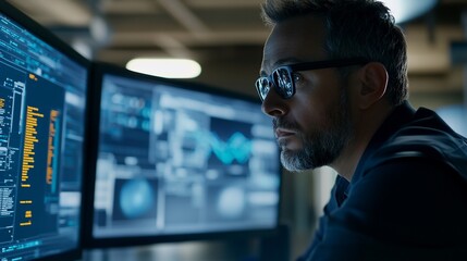Man with glasses looks at computer screens displaying data graphs and coding information