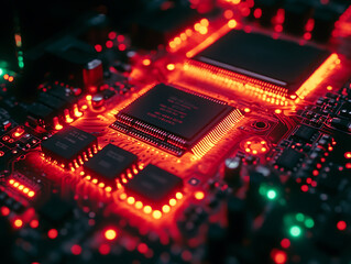 Wall Mural - closeup shot of a circuit board glowing red, showcasing intricate details of microchips and electron