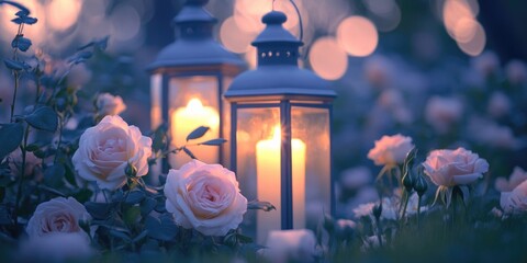 Sticker - A beautiful garden with two lanterns and a bunch of roses. The lanterns are lit and the roses are pink