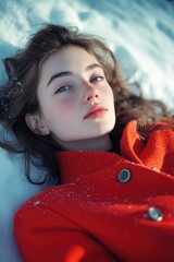 Wall Mural - A woman lays in the snow wearing a red coat, perfect for winter scenes or cold weather stories