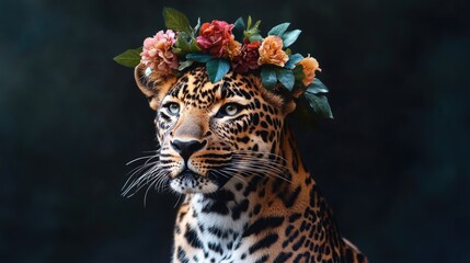 Wall Mural - a leopard with a flower crown on its head. the leopard is looking at the camera