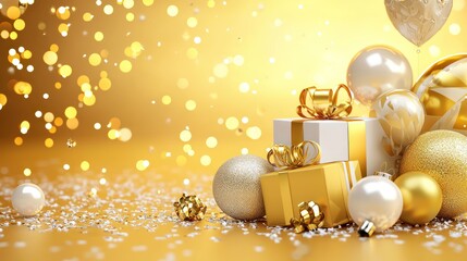 Wall Mural - a festive arrangement of gifts and ornaments against a shimmering gold background, perfect for holid