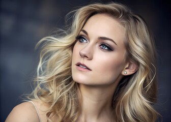 Wall Mural - A blonde woman with flowing hair, radiating a soft and bright aura. Her delicate features are enhanced by a subtle glow, exuding charm and grace.